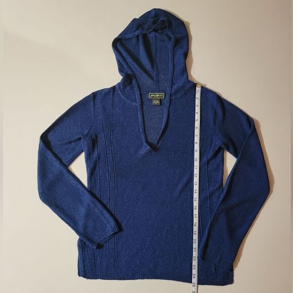 Eddie Bauer Women's Blue Knit V-neck Hooded Long Sleeve Sweater - Picture 5 of 11